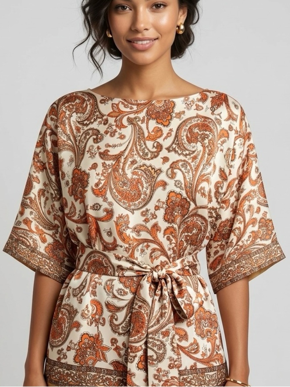 Talbots Silk Paisley Tie-Waist Kimono Top in Cream and Rust Quiet Luxury SZ 14